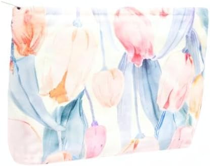 Flat Makeup Bag for Women,Zipper Cosmetic Pouch for Purse,Tulips Pink