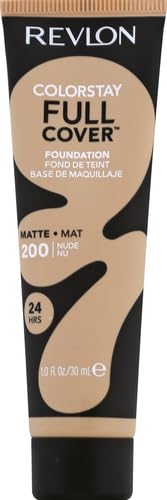 Revlon ColorStay Full Cover Longwear Matte Foundation, Heat & Sweat Resistant Lightweight Face Makeup, 200 Nude, 1.0 fl oz