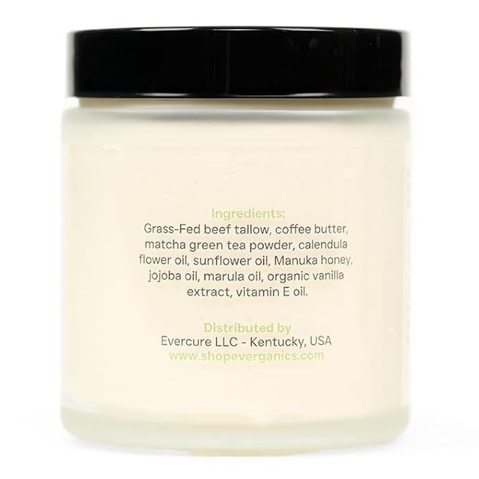 Everganics | Organic Matcha-Infused Whipped Tallow Cream for Skin | Grass-Fed Beef Tallow Natural Moisturizer for Face & Body | Made in USA | 4 oz (Large Size)