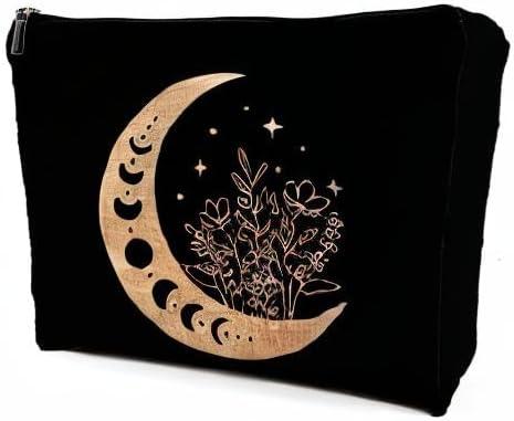 Dwept Boho Floral Celestial Crescent Moon Phase Makeup Bag, Mystical Crescent Moon Linen Makeup Travel Toiletry Bag, Abstract Floral Moon Cosmetic Bag Gifts For Girls Women Daughter Sister