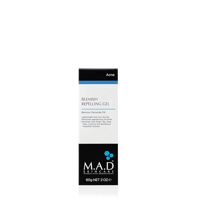 M.A.D Skincare Blemish Repelling Gel - Clinical 5% Benzoyl Peroxide & Alp Sebum Complex Pore Refining Treatment with Green Tea and Licorice 2.0 oz