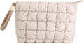 DOB SECHS Puffer Quilted Makeup Bag with Handle, Cute Puffy Cotton Cosmetic Bags for Women, Small Checkered Toiletry Zipper Pouch, Travel Essentials Storage Organizer Clutch Pouches Pencil Case, Khaki