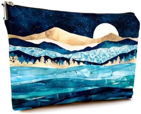 Givotin Cute Makeup Bag for Purse Canvas Waterproof Funny Cosmetic Bags for Women Zipper Travel Toiletry Pouch-Mountain Moon Lake Makeup Bags