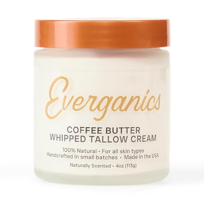 Everganics | Organic Coffee Butter Whipped Tallow Cream for Skin | Grass-Fed Beef Tallow Natural Moisturizer for Face & Body | Made in USA | 4 oz (Large Size)