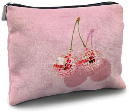 Likjad Cherry Makeup Bag - Preppy Hot Pink Disco Ball Gift for Women, Teachers, Teen Girls, and Sisters