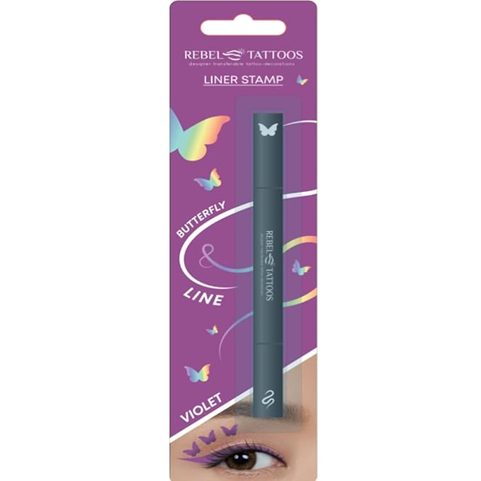 Rebel Tattoos 2-in-1 Eyeliner Stamp, Pigmented Intense Black Formula, Smudge-Budge Proof, Sweatproof, 24 Hour Stay Eyeliner Stamp (purple butterfy)