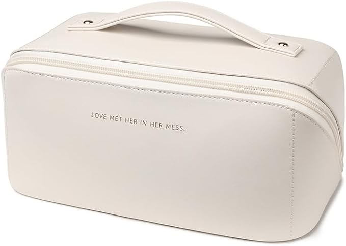 zaleeta Travel Makeup Bag, Large Capacity Cosmetic Organizer Bags for Women, Waterproof PU Leather Toiletry Bags, Wide Open Flat Makeup Case with Divider and Handle