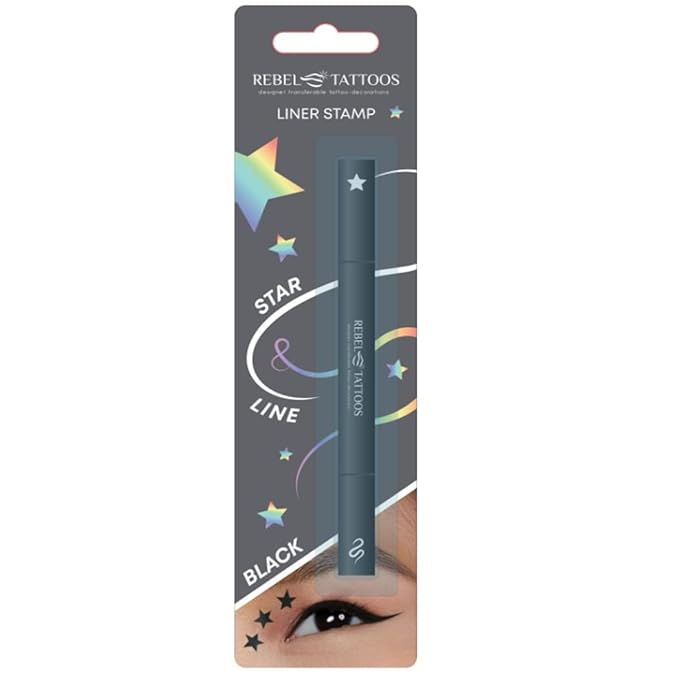 Rebel Tattoos 2-in-1 Eyeliner Stamp, Pigmented Intense Black Formula, Smudge-Budge Proof, Sweatproof, 24 Hour Stay Eyeliner Stamp Star Butterfly or Heart (Black Star)