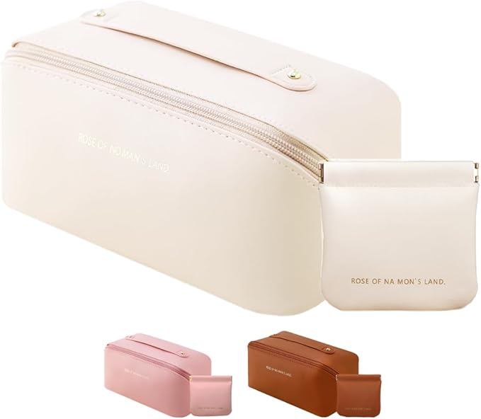 SUILU Makeup Bag Cosmetic Bag,Portable Pouch Open Flat Toiletry Bag Make up Organizer with Divider, Handle and small cosmetic bag Travel Essentials (Ivory)