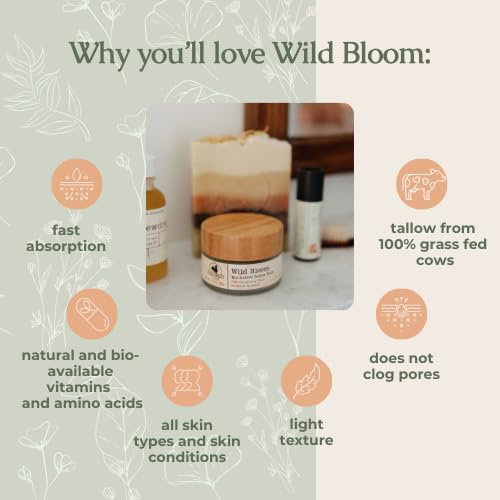 Hearth and Homestead: Handmade Wild Bloom Bio-Active Tallow Face Balm/Cream with Blue Tansy - Hydrate, Nourish, and Protect Skin -.7 oz