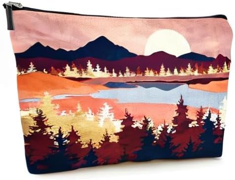 Givotin Cute Makeup Bag for Purse Canvas Waterproof Funny Cosmetic Bags for Women Zipper Travel Toiletry Pouch-Mountain Makeup Bags-Red
