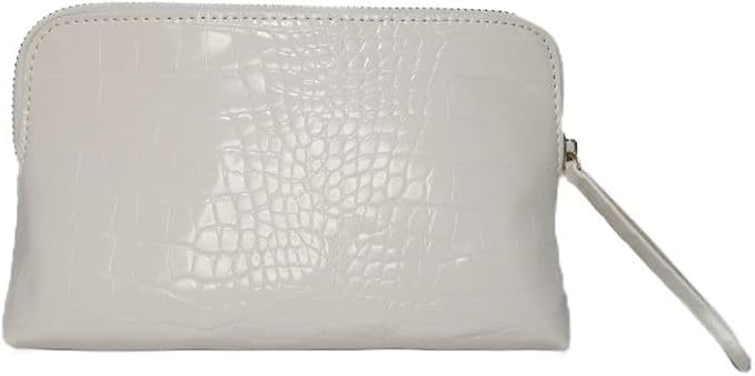 RITTZI Snow Royale Crocodile Cosmetic Bag - Luxury White Vegan Leather Makeup Bag With Royal Blue Interior Lining