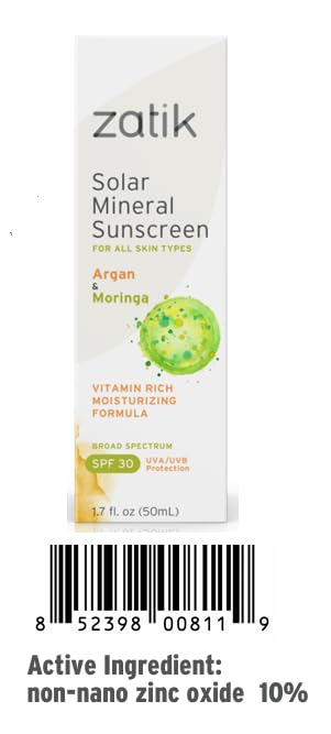 Zatik Naturals Solar Mineral Sunscreen with Argan and Moringa, for Face and Neck, Vegan, Non-GMO, pH Balanced, FREE from Gluten, Soy, Alcohol, 1.7 oz
