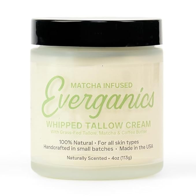 Everganics | Organic Matcha-Infused Whipped Tallow Cream for Skin | Grass-Fed Beef Tallow Natural Moisturizer for Face & Body | Made in USA | 4 oz (Large Size)