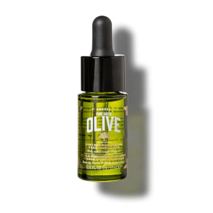 KORRES Mini Pure Greek Olive 3-in-1 Oil for Face, Hair & Body, Lightweight Moisturizer for Dry Skin & Hair, Cold-Pressed, Antioxidant-Rich Hydrating Oil, 0.51 fl oz