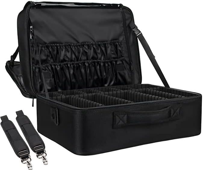 Relavel Extra Large Makeup Case, Professional Makeup Artist Bag Double Layer Compartment Cosmetic Travel Organizer Bag Makeup Brush Storage Holder with Adjustable Dividers and Shoulder Strap, Black