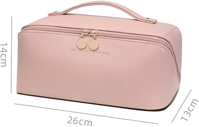 zaleeta Travel Makeup Bag, Large Capacity Cosmetic Organizer Bags for Women, Waterproof PU Leather Toiletry Bags, Wide Open Flat Makeup Case with Divider and Handle