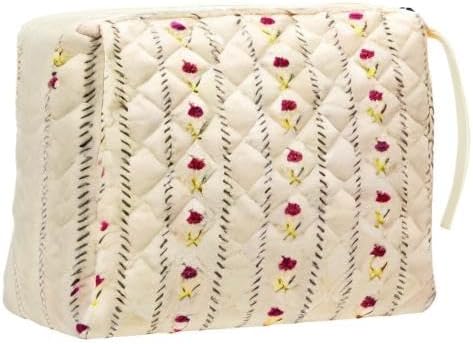 Quilted Makeup Pouch for Women, Travel Cosmetic&Toiletry Bag,Flower Beige