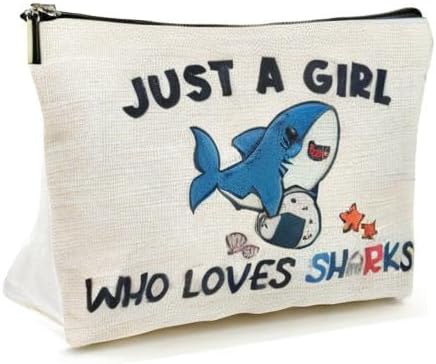 Suemetic Shark Gifts for Women Makeup Bag, Cute Shark Themed Gifts for Shark Lovers Girls Kids Accessories, Just A Girl Who Loves Sharks Cosmetic Stuff Pouch, Birthday Christmas Decorations
