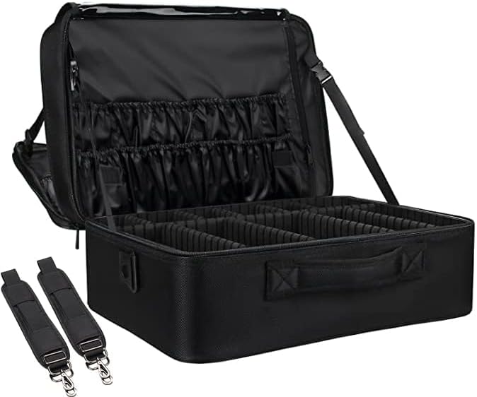 Relavel Extra Large Makeup Case, Professional Makeup Artist Bag Double Layer Compartment Cosmetic Travel Organizer Bag Makeup Brush Storage Holder with Adjustable Dividers and Shoulder Strap, Black