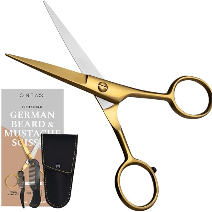 Ontaki 5" Beard & Mustache Scissor with Combs for Men - Gold Brass