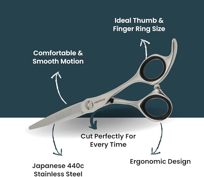 FOLELLO Hair Cutting Scissor – 5.5" 440C Japan Stainless Steel with Sword Blade and Ball Bearing Tension Screw – Grooming Tool for Men and Women