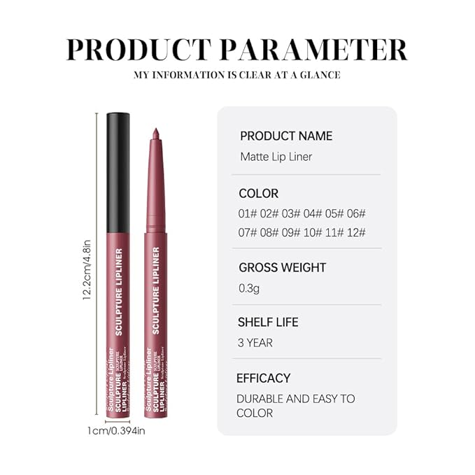 K06 Hxssll 12 Colors Matte Lip Liner Pencil – Long Lasting Waterproof Lip Liner, Smudge Proof Transfer Proof Lip Pencil, High Pigment Lip Makeup for Defining & Filling Lips (06#, 1PCS)