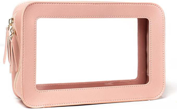 FFpaw Clear Makeup Bag, Pink Travel Makeup Pouch Toiletry Bag for Women Waterproof Small Cosmetic Bag Case Small Make Up Bag with Zipper Car Organizer Car Essentials for Women Men
