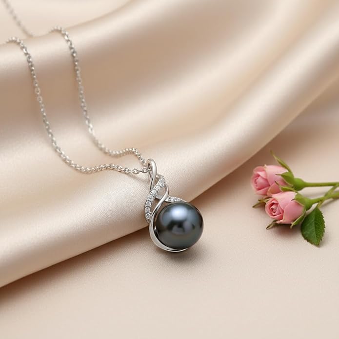 TRYNDI Real Tahitian Black Pearl Necklace Gifts for Women - Larger 11-12mm Luxury Pearl, Mothers Day Gifts For Wife - Christmas Valentines Soulmate Necklace For Women (Black Pearl Knot)