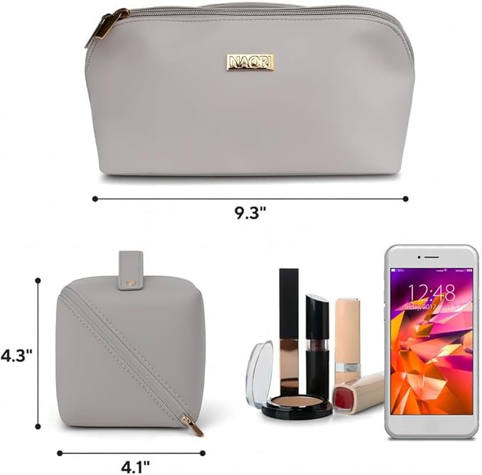 NAORI Travel Makeup Bag for Women | Large Luxury Cosmetic Organizer with Handle & Inner Pockets | Waterproof Faux Leather Toiletry Bag | Makeup Case for Home, Travel & Gifting (Soft Grey)