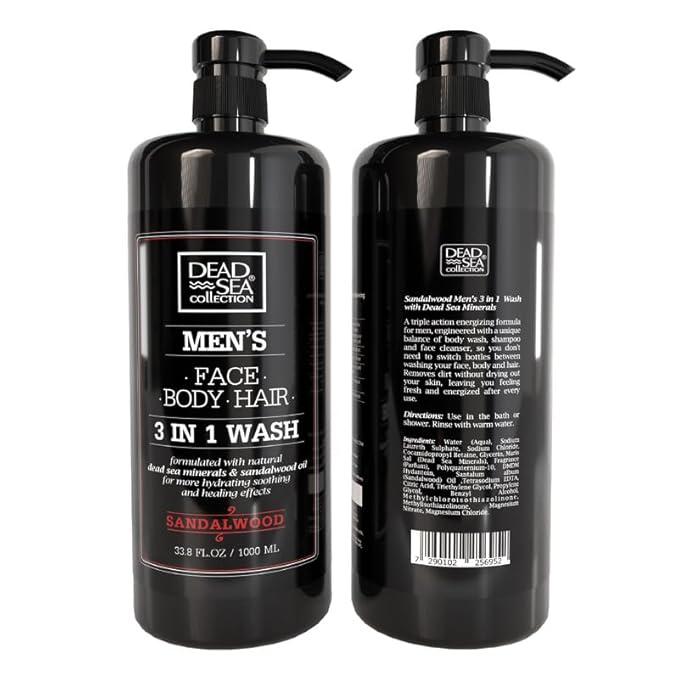 Dead Sea Collection Sandalwood Men’s Body Wash – 3 in 1 Body Wash for Men for Hair, Face & Body – Moisturizing Shower Gel with Dead Sea Minerals – Pack of 2 (33.8 fl oz each)