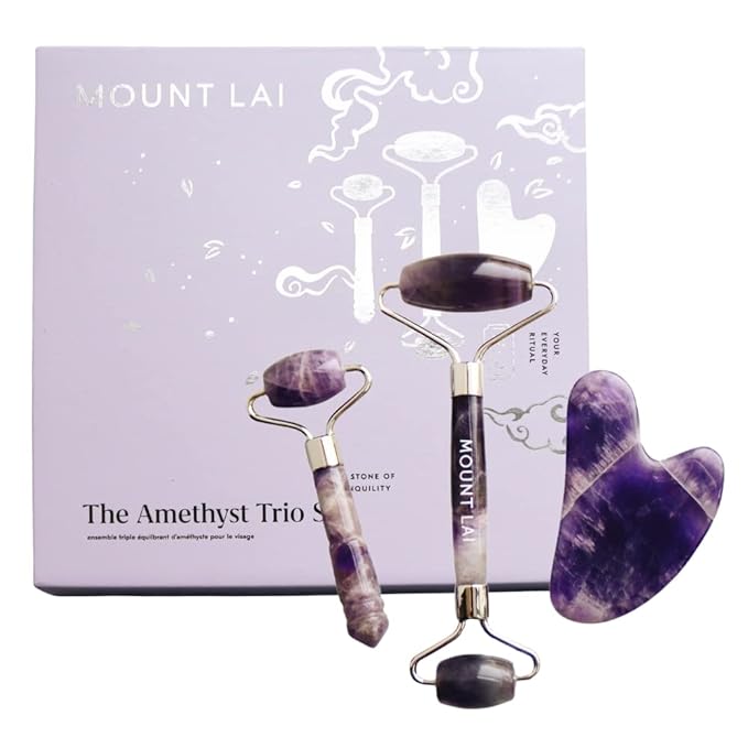 Mount Lai - The Amethyst Trio Calming Facial Set | Amethyst Face Roller and Gua Sha Set | Gua Sha Tools to Relieve Muscle Tension and Reduce Puffiness | Anti Aging Skin Care Sets for Women