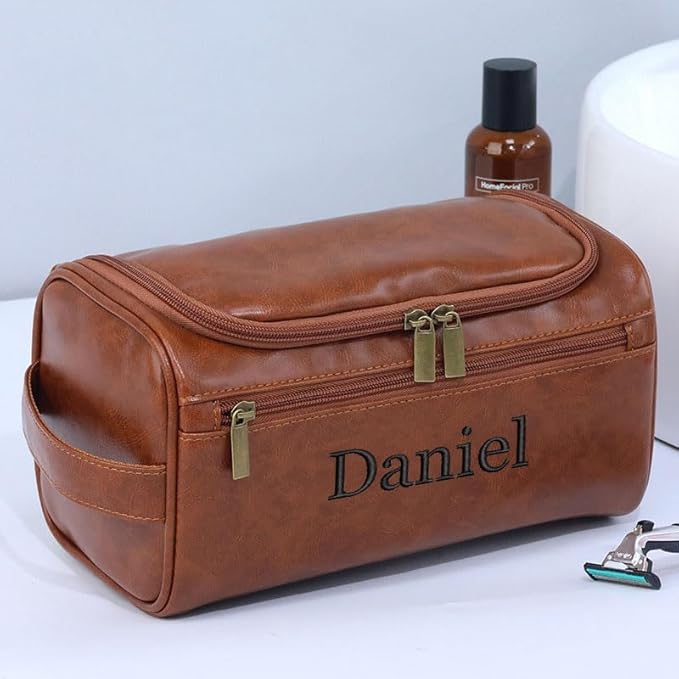 joyinaff Personalized Embroidery PU Leather Travel Toiletry Bag for Men,Stylish Travel Organizer for Travel, Wedding Gift,Customized Monogram Travel Shaving Dopp Kit for Groomsmen (Brown)