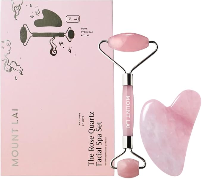 Mount Lai - The Rose Quartz Facial Spa Set | Rose Quartz Face Roller and Gua Sha Set | Gua Sha Tools to Relieve Muscle Tension and Reduce Puffiness | Anti aging skin care sets for women