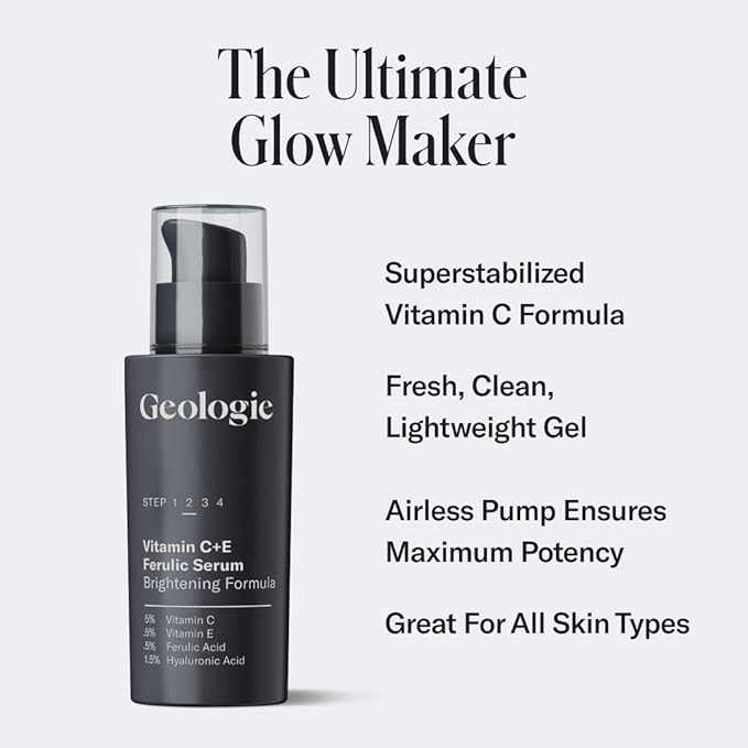 Geologie Vitamin C+E Ferulic Acid Face Serum | Brightening & Firming Anti-Aging Gel Formula | 5% Light-Protected & Stabilized Vitamin C, 0.5% Vitamin E, 1.5% Hyaluronic Acid | 30 ML