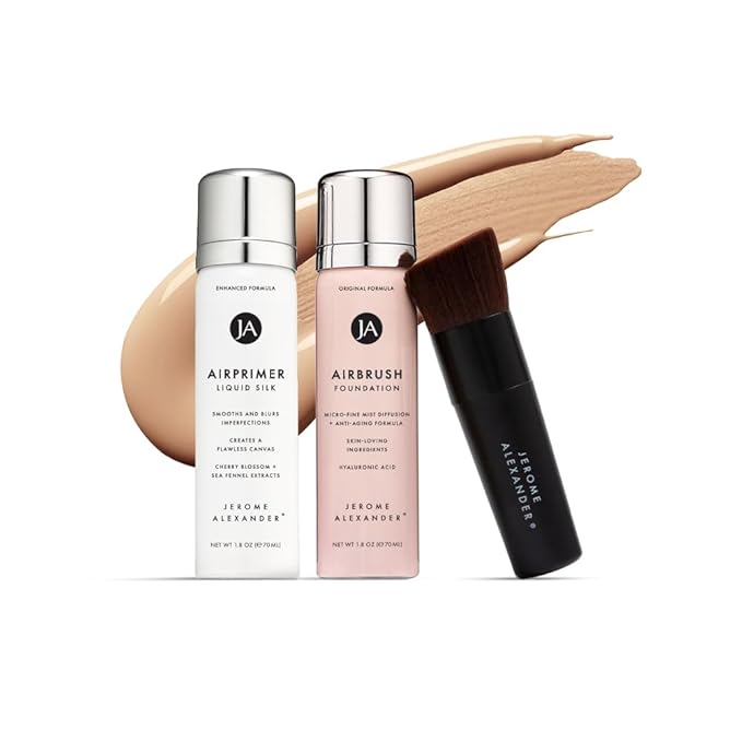 MagicMinerals AirBrush Foundation Set by Jerome Alexander – 3pc Set Includes Primer, Foundation and Kabuki Brush - Spray Makeup with Anti-aging Ingredients for Smooth Radiant Skin (Warm Medium)