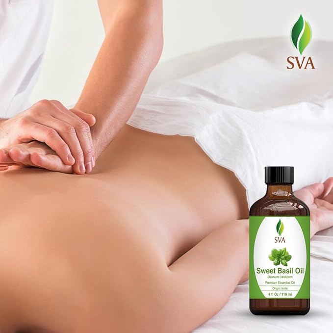 SVA Sweet Basil Essential Oil, Glass Bottle with Dropper, 4 Fl Oz (118 ml)