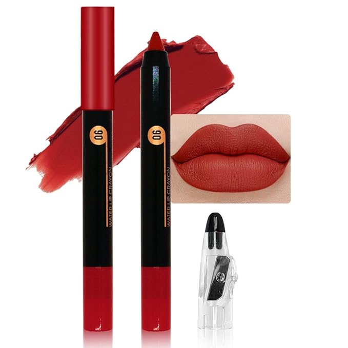 JUAAZIN Classical Red Matte Lip Liner Crayon with Sharpener - Waterproof Smudgeproof Long-Wear Lip Pencil, Creamy Pigmented Lip Crayon for Women, 12HR Stay Silky Velvet Lip Liner 06#