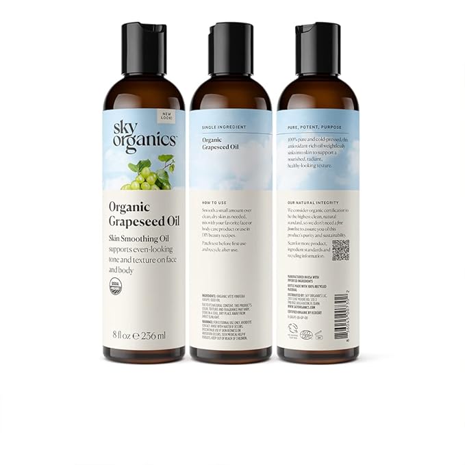 Sky Organics Organic Grapeseed Oil 8 fl oz, 100% Pure & Cold-Pressed