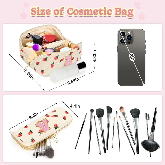 Personalized Travel Makeup Bag Set,Initial Travel Strawberry Makeup Organizer Bag,Toiletry Skincare Cosmetic Bag,Christmas Gifts for Women/Girls,Open Flat Toiletry Pouch with Brush Pocket-O