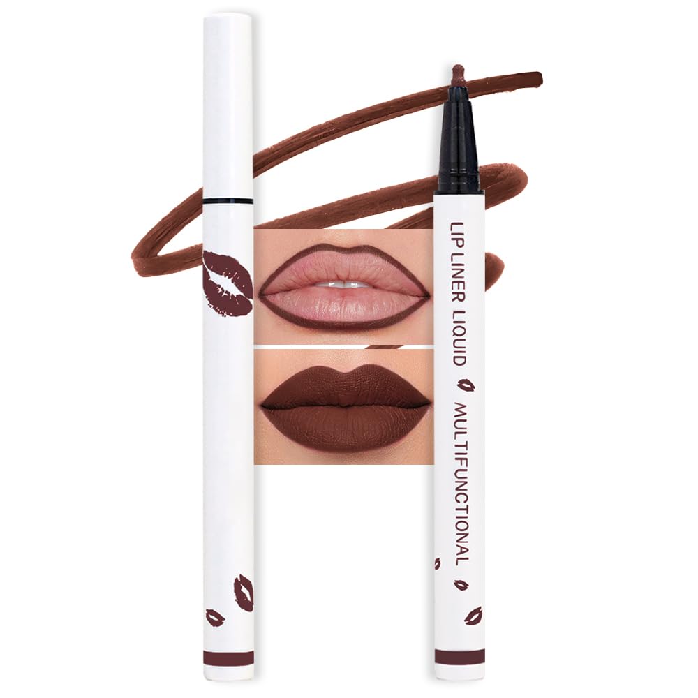 2Pcs Longwear Liquid Lip Liner Stain Marker Pen Set Long Lasting Waterproof, Mocha Nude Brown Matte Semi Permanent 24 Hour Lip Liner and Lipstick Combo, Color Stay Lipliner All Day Lips Stain peel off