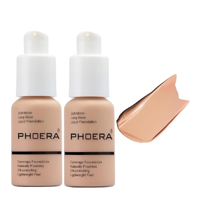 2 Pack PHOERA Foundation,Full Coverage Flawless Soft Matte 24HR Oil Control Liquid Foundation.103 Warm peach