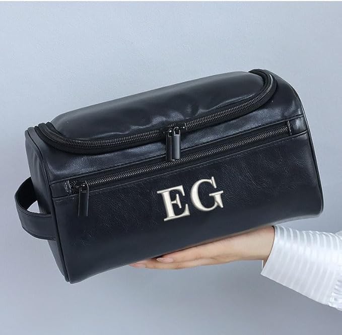 joyinaff Personalized Embroidery PU Leather Travel Toiletry Bag for Men,Stylish Travel Organizer for Travel, Wedding Gift,Customized Monogram Travel Shaving Dopp Kit for Groomsmen (Black)