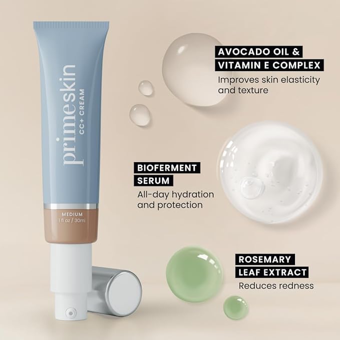 Prime Prometics PrimeSkin CC+ Cream for Mature Women – Liquid-to-Powder Foundation – Blurs Pores & Covers Age Spots – Crease-Free, Hydrating & Soft-Matte Finish for Sensitive Skin (Ivory)