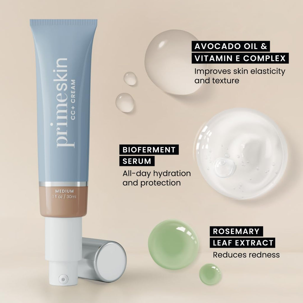 Prime Prometics PrimeSkin CC+ Cream for Mature Women – Liquid-to-Powder Foundation – Blurs Pores & Covers Age Spots – Crease-Free, Hydrating & Soft-Matte Finish for Sensitive Skin (Tan Rich)