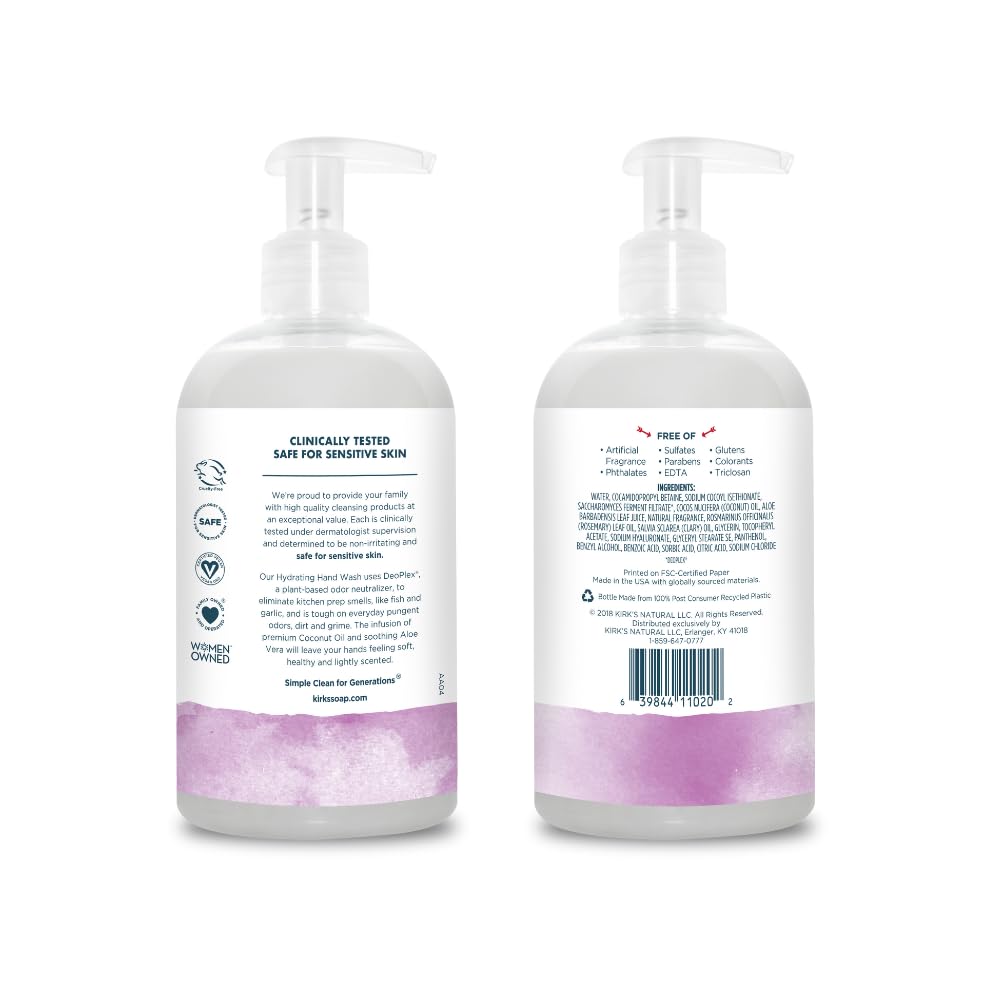 Kirk's Hydrating Hand Wash - Made with Coconut Oil and Aloe Vera, With Odor Neutralizing Technology To Help Eliminate Odors, Non-GMO, Vegan, Rosemary & Sage, 12 Fl Oz. 4 pack