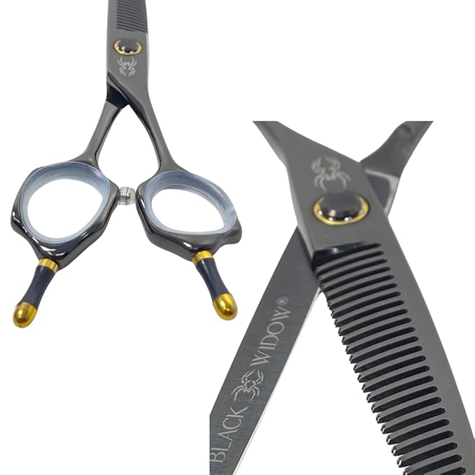 Black Widow Dos Manos Hair Thinning Shears, 6 Inch Ambidextrous Barber Blending & Texturizing Scissors, Japanese Stainless Steel, Adjustable Tension Screw
