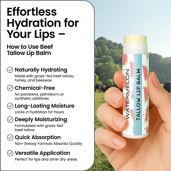 Tallow Lip Balm by Cattle Creek – All-Natural Ingredients, Long-Lasting Moisture and Hydration for Dry, Cracked, and Chapped Lips, Soothing Formula for Soft Skin (Pack of 3, Watermelon)