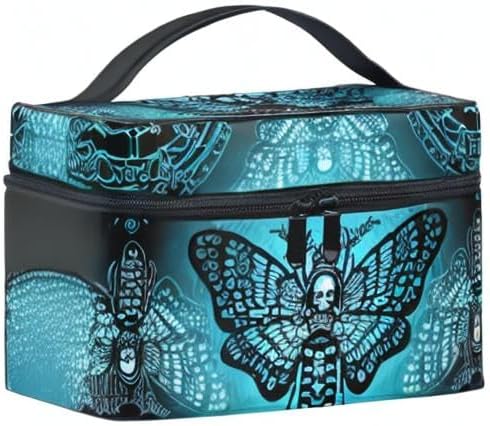MNSRUU Makeup Bags, Gothic Blue Skull Moth Butterfly Makeup Organizer Bags Toiletry Bag Box Travel Cosmetic Bag Make Up Train Case for Women Teen Girl Ladies