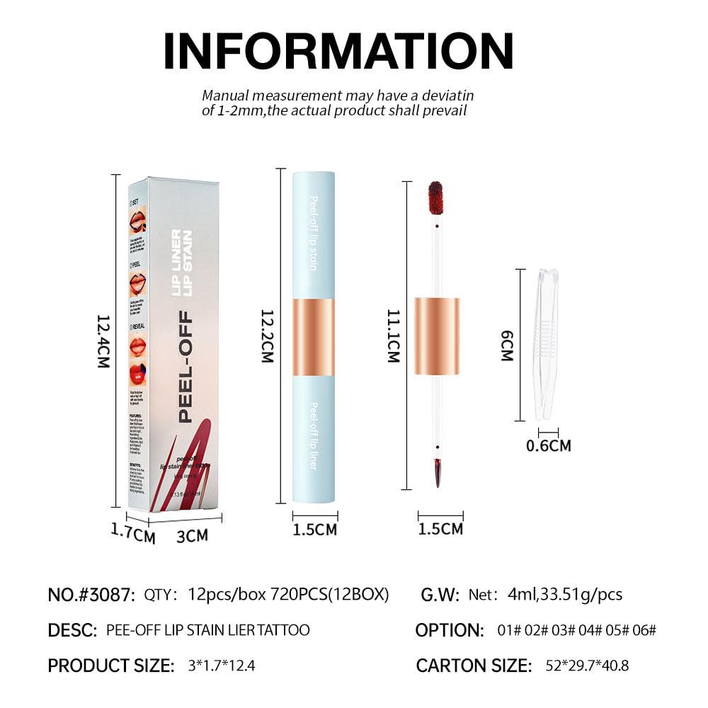 Matte Lip Stain Peel Off Lip Gloss& Lip Liner 2-in-1: One end defines lips with precision liner, the other peels off to reveal long-lasting, waterproof, smudge-proof, transfer-proof matte color.1#